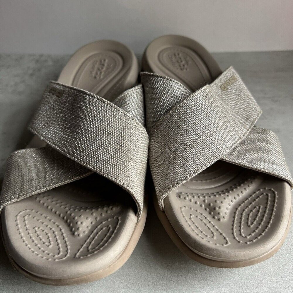 CROCS Women's Metallic Taupe Cross-Band Sandals - Picture 6 of 16
